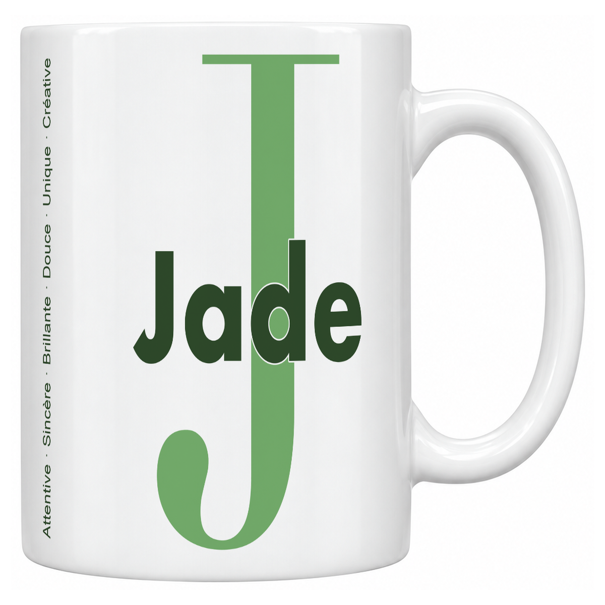 Mug blanc céramique 330 ml prénom Jade : grande initiale J, prénom Jade en lettres bold et six qualités verticales sur le côté