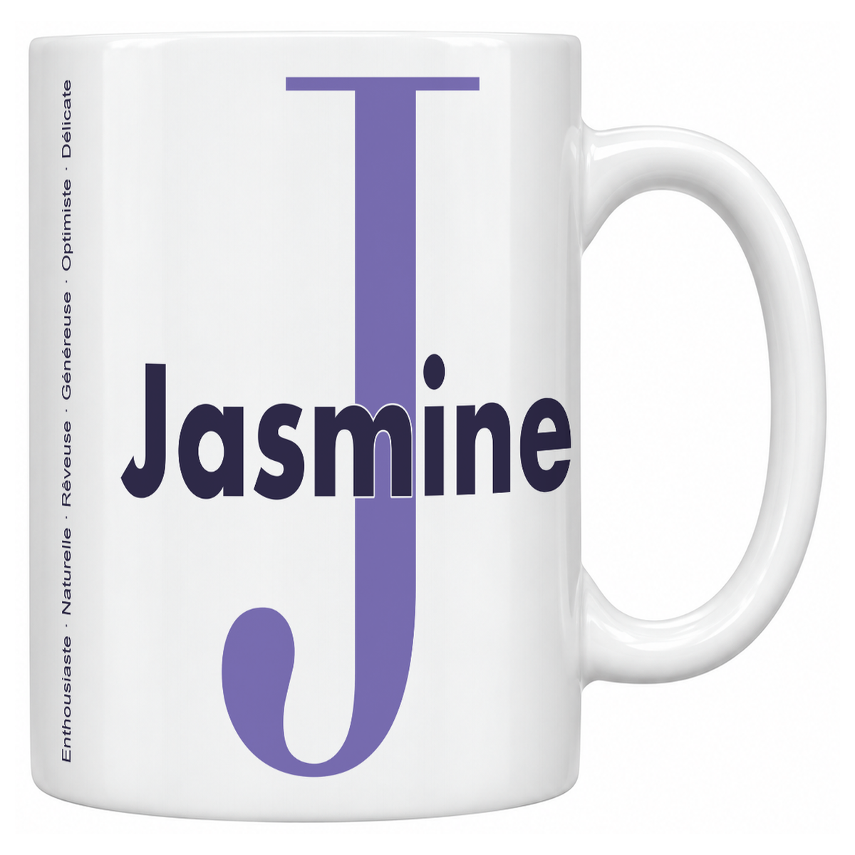 Mug blanc céramique 330 ml prénom Jasmine : grande initiale J, prénom Jasmine en lettres bold et six qualités verticales sur le côté
