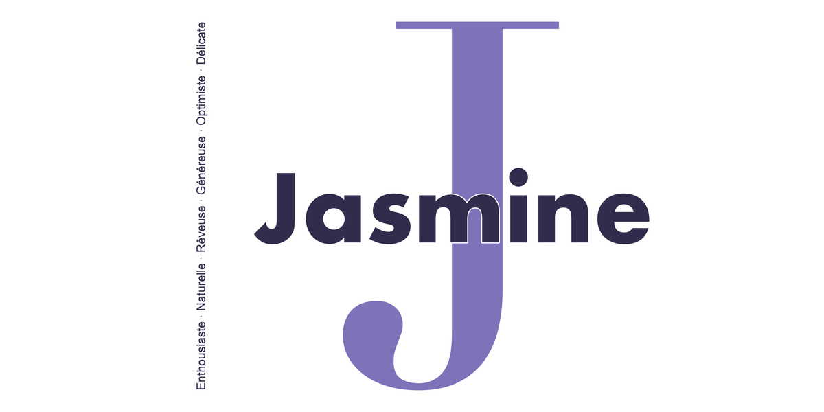 Visuel à plat du mug prénom Jasmine : initiale J pleine hauteur, prénom Jasmine centré et ligne verticale « Enthousiaste · Naturelle · Rêveuse · Généreuse · Optimiste · Délicate »