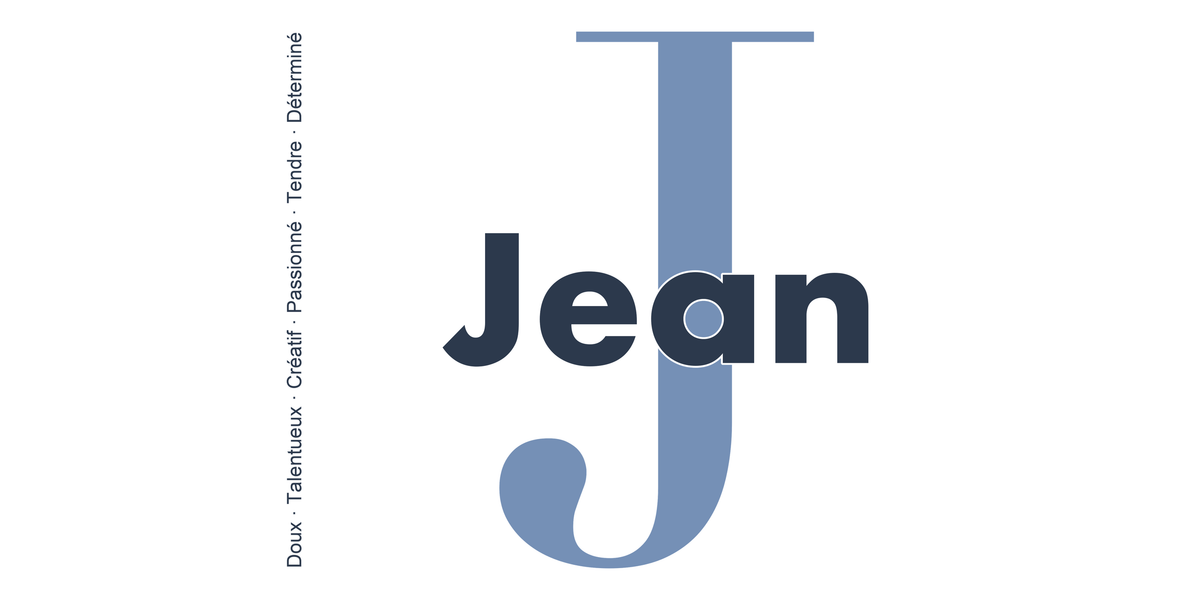 Visuel à plat du mug prénom Jean : initiale J pleine hauteur, prénom Jean centré et ligne verticale « Doux · Talentueux · Créatif · Passionné · Tendre · Déterminé »