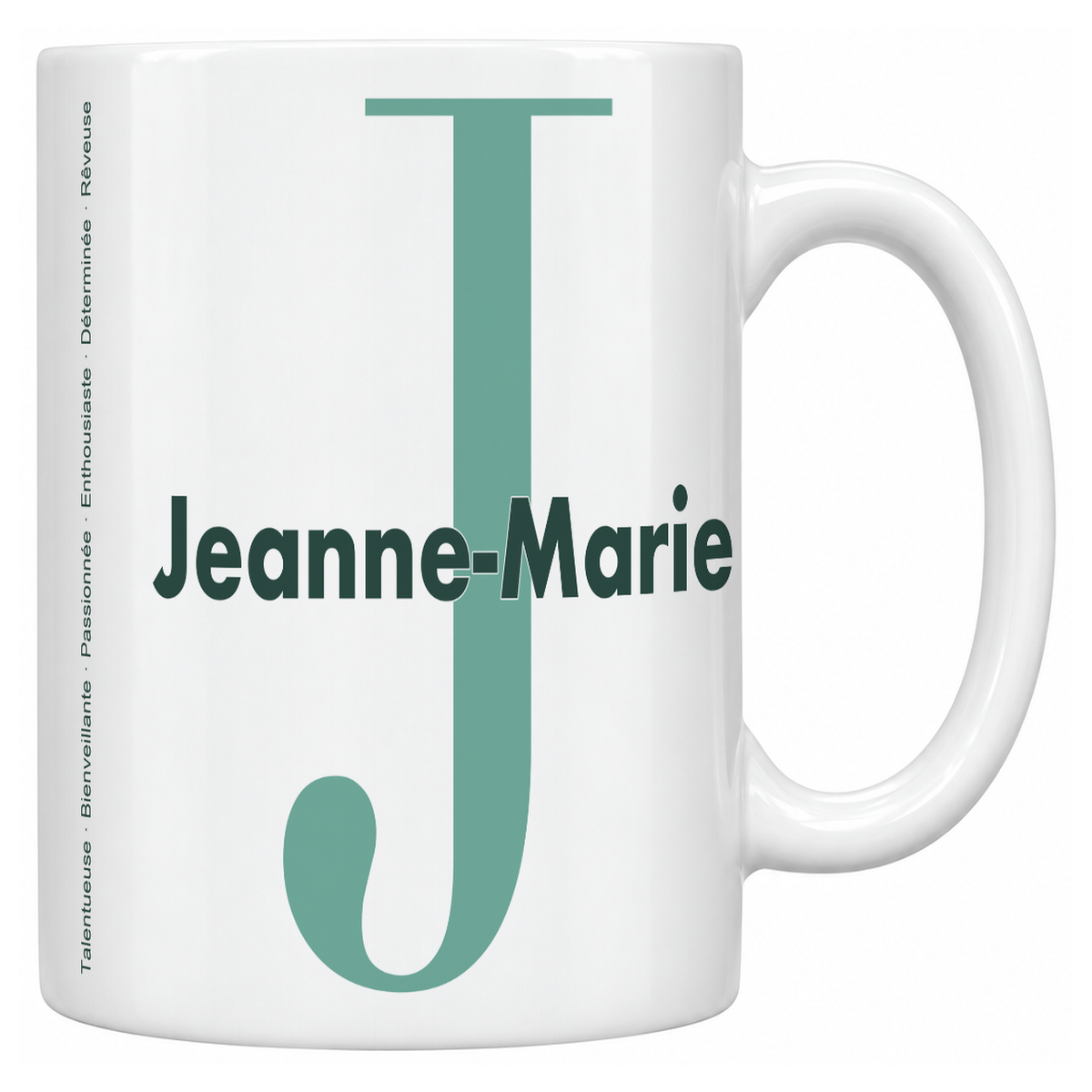 Mug blanc céramique 330 ml prénom Jeanne-Marie : grande initiale J, prénom Jeanne-Marie en lettres bold et six qualités verticales sur le côté