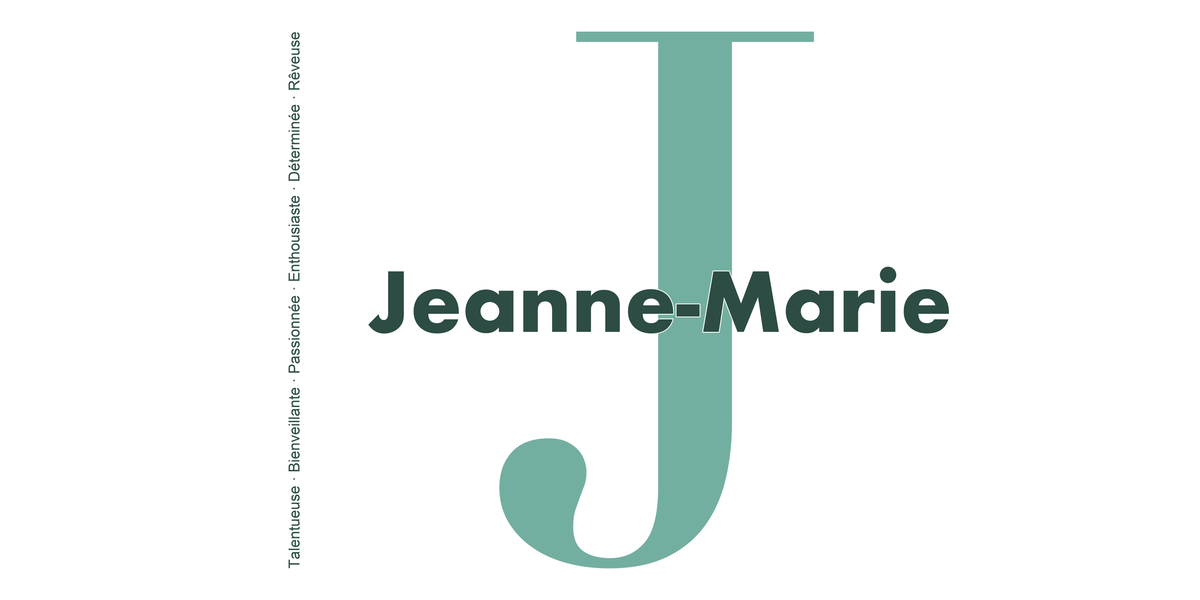 Visuel à plat du mug prénom Jeanne-Marie : initiale J pleine hauteur, prénom Jeanne-Marie centré et ligne verticale « Talentueuse · Bienveillante · Passionnée · Enthousiaste · Déterminée · Rêveuse »