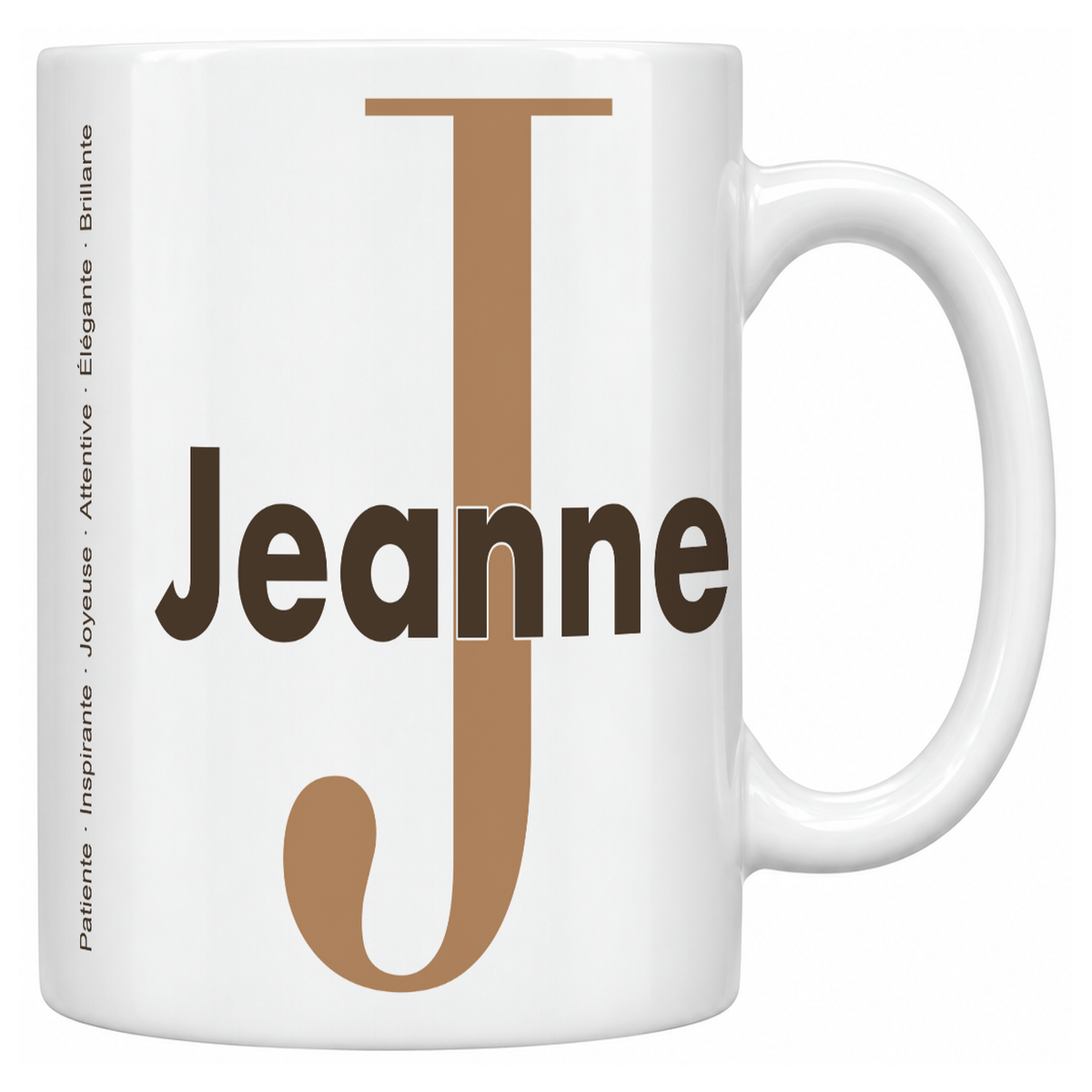 Mug blanc céramique 330 ml prénom Jeanne : grande initiale J, prénom Jeanne en lettres bold et six qualités verticales sur le côté