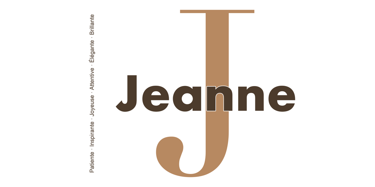 Visuel à plat du mug prénom Jeanne : initiale J pleine hauteur, prénom Jeanne centré et ligne verticale « Patiente · Inspirante · Joyeuse · Attentive · Élégante · Brillante »
