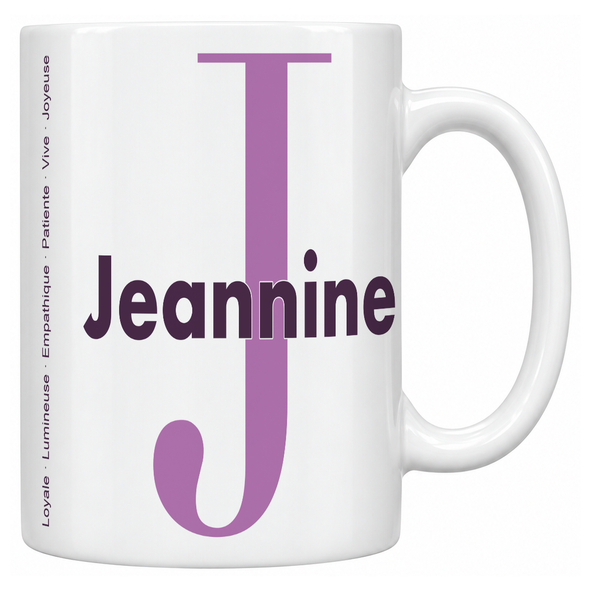 Mug blanc céramique 330 ml prénom Jeannine : grande initiale J, prénom Jeannine en lettres bold et six qualités verticales sur le côté
