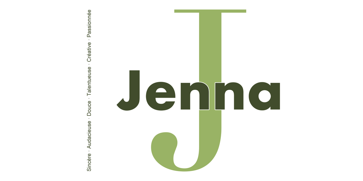 Visuel à plat du mug prénom Jenna : initiale J pleine hauteur, prénom Jenna centré et ligne verticale « Sincère · Audacieuse · Douce · Talentueuse · Créative · Passionnée »