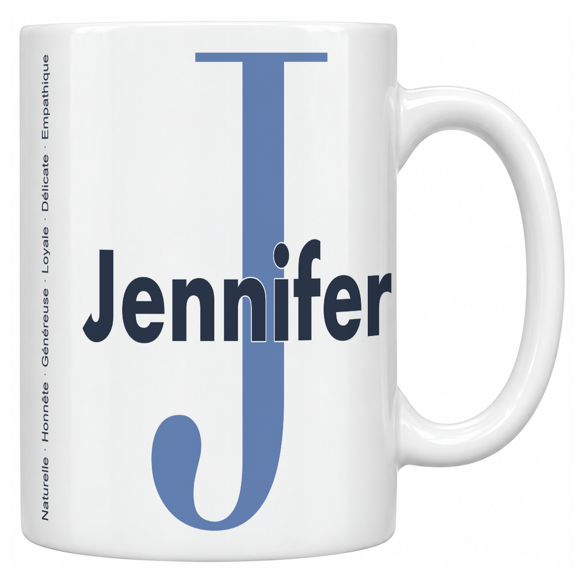 Mug blanc céramique 330 ml prénom Jennifer : grande initiale J, prénom Jennifer en lettres bold et six qualités verticales sur le côté