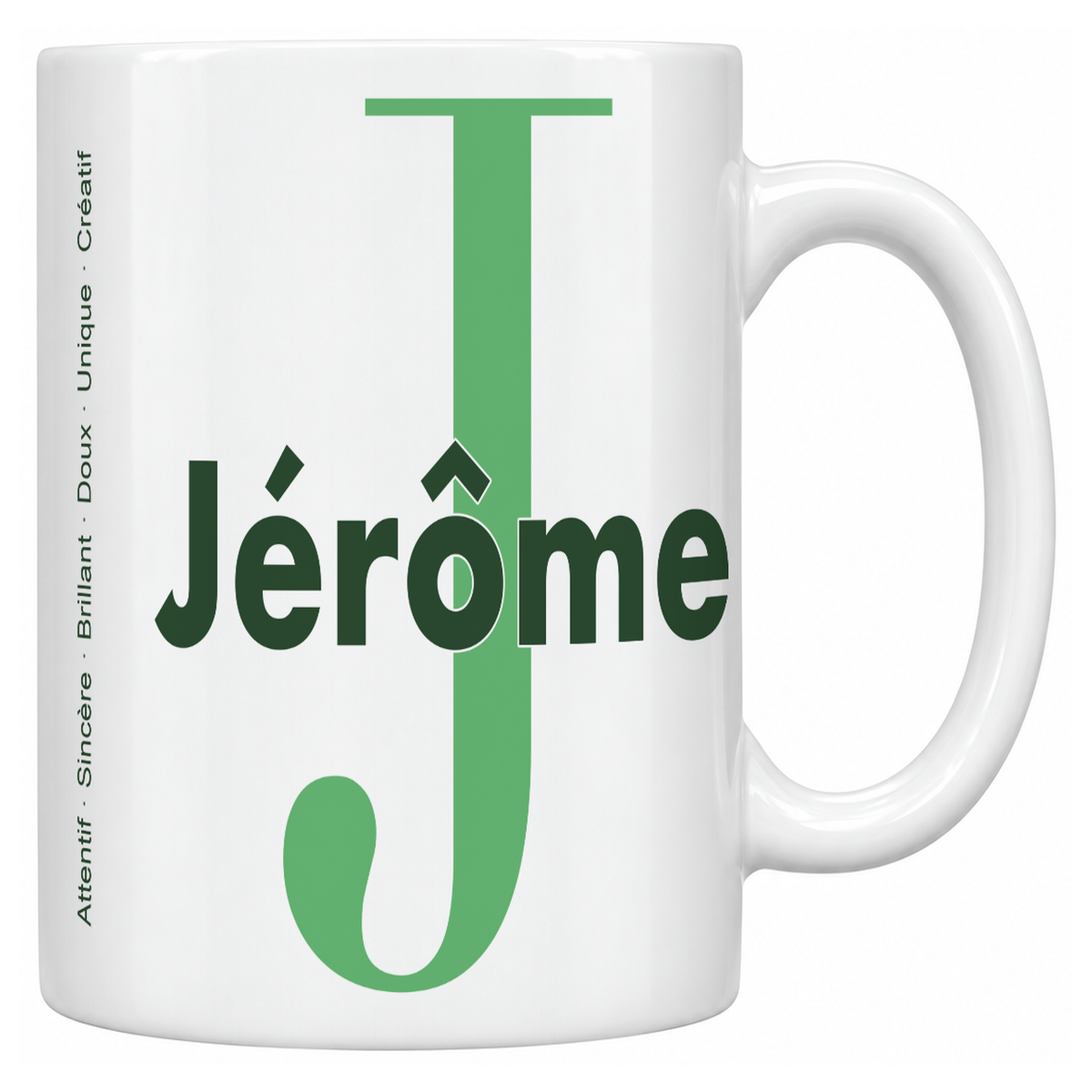Mug blanc céramique 330 ml prénom Jérôme : grande initiale J, prénom Jérôme en lettres bold et six qualités verticales sur le côté