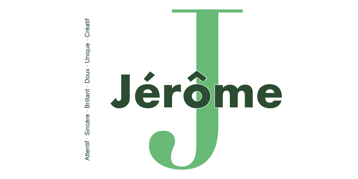 Visuel à plat du mug prénom Jérôme : initiale J pleine hauteur, prénom Jérôme centré et ligne verticale « Attentif · Sincère · Brillant · Doux · Unique · Créatif »