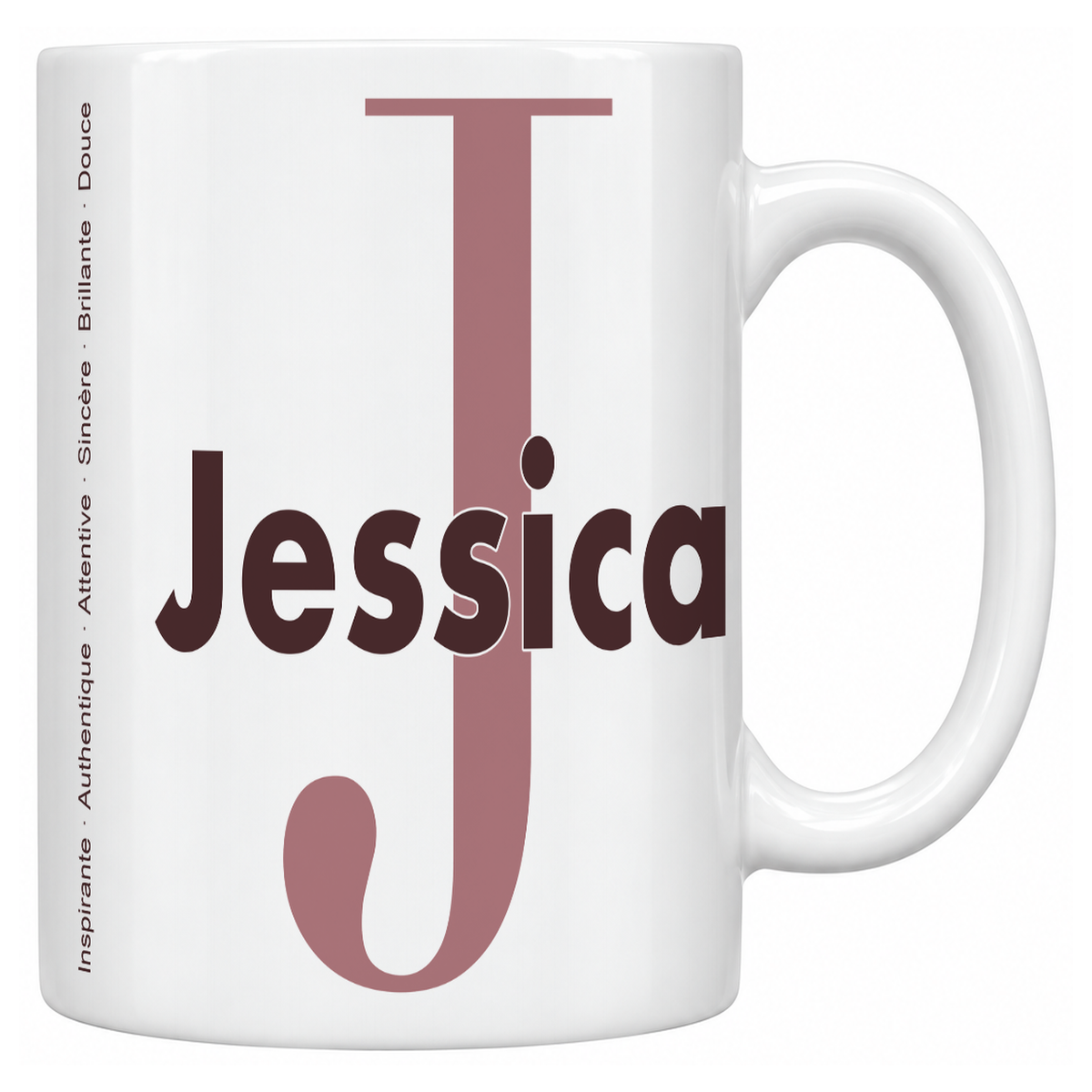 Mug blanc céramique 330 ml prénom Jessica : grande initiale J, prénom Jessica en lettres bold et six qualités verticales sur le côté