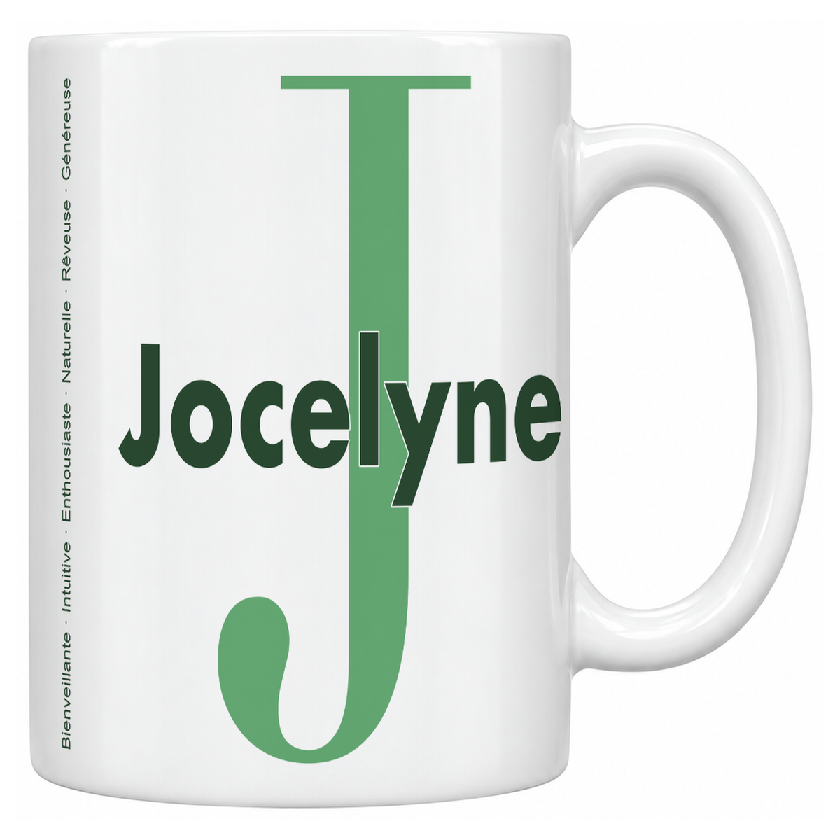 Mug blanc céramique 330 ml prénom Jocelyne : grande initiale J, prénom Jocelyne en lettres bold et six qualités verticales sur le côté