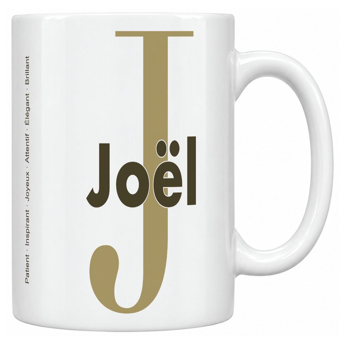 Mug blanc céramique 330 ml prénom Joël : grande initiale J, prénom Joël en lettres bold et six qualités verticales sur le côté