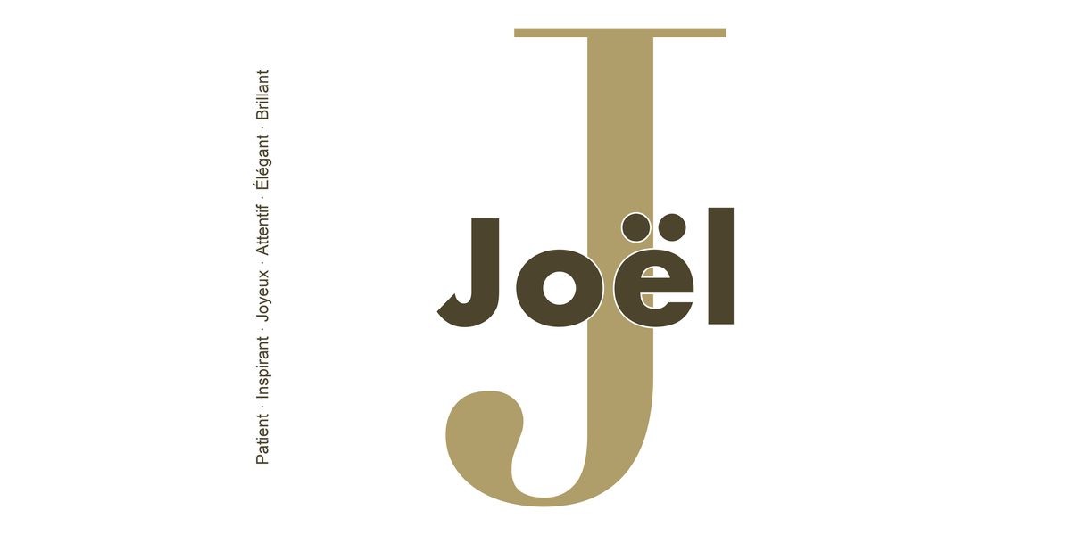 Visuel à plat du mug prénom Joël : initiale J pleine hauteur, prénom Joël centré et ligne verticale « Patient · Inspirant · Joyeux · Attentif · Élégant · Brillant »