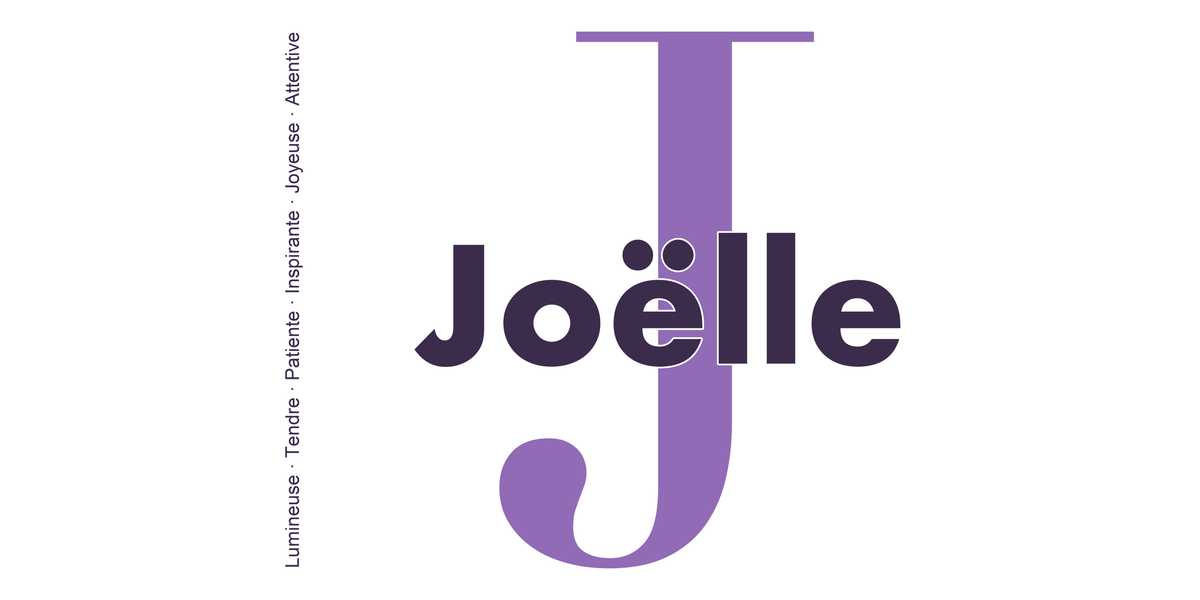 Visuel à plat du mug prénom Joëlle : initiale J pleine hauteur, prénom Joëlle centré et ligne verticale « Lumineuse · Tendre · Patiente · Inspirante · Joyeuse · Attentive »