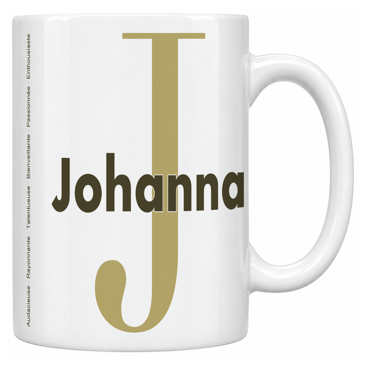 Mug blanc céramique 330 ml prénom Johanna : grande initiale J, prénom Johanna en lettres bold et six qualités verticales sur le côté