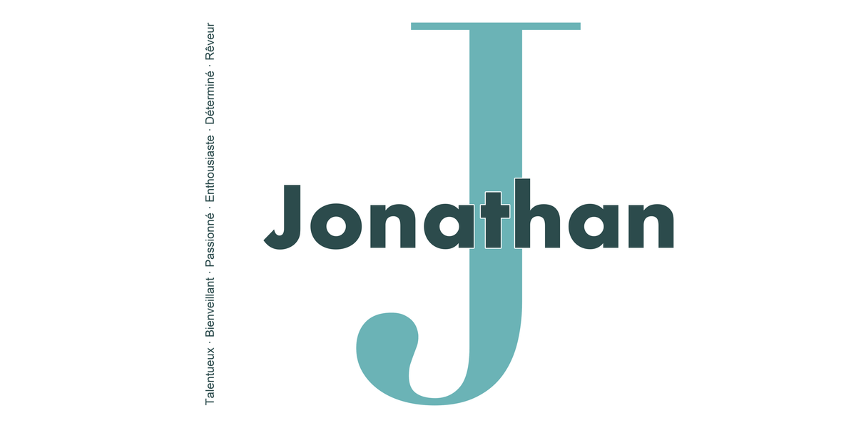 Visuel à plat du mug prénom Jonathan : initiale J pleine hauteur, prénom Jonathan centré et ligne verticale « Talentueux · Bienveillant · Passionné · Enthousiaste · Déterminé · Rêveur »