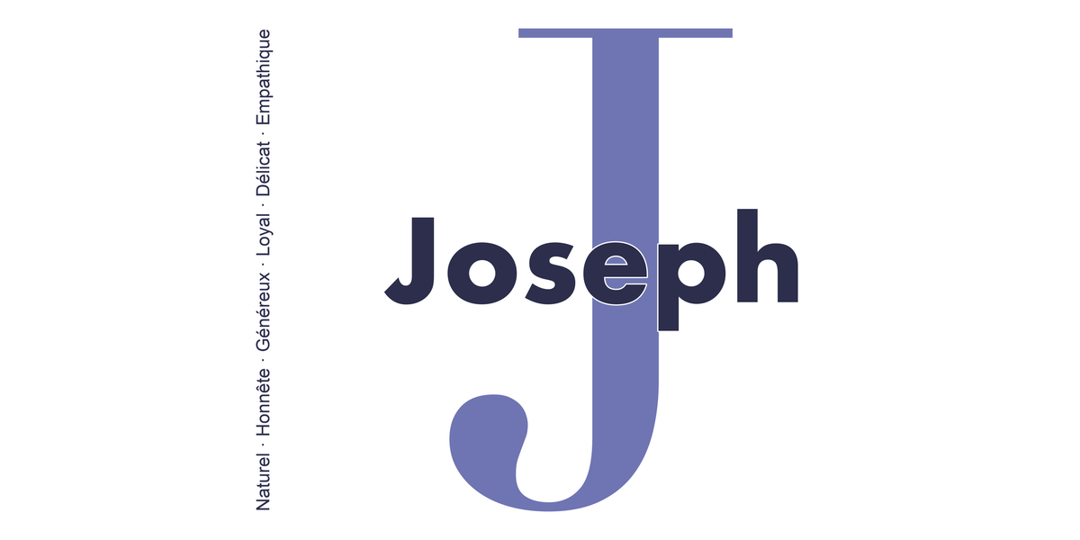 Visuel à plat du mug prénom Joseph : initiale J pleine hauteur, prénom Joseph centré et ligne verticale « Naturel · Honnête · Généreux · Loyal · Délicat · Empathique »