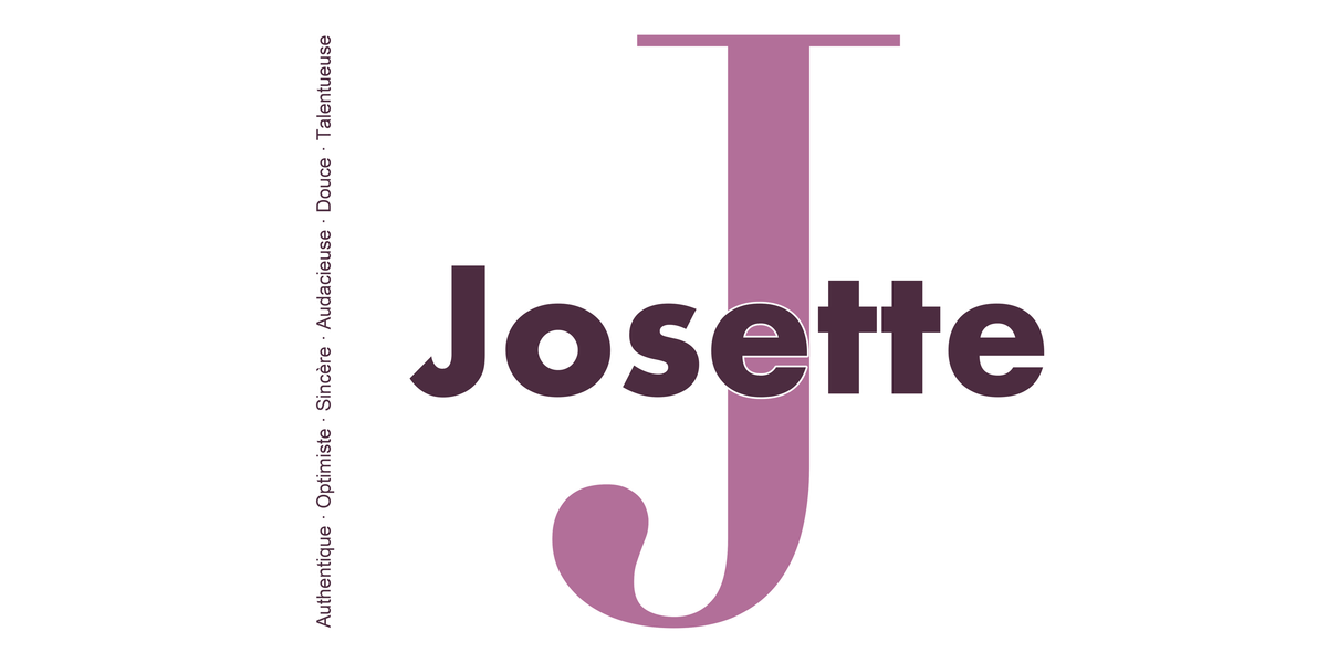 Visuel à plat du mug prénom Josette : initiale J pleine hauteur, prénom Josette centré et ligne verticale « Authentique · Optimiste · Sincère · Audacieuse · Douce · Talentueuse »