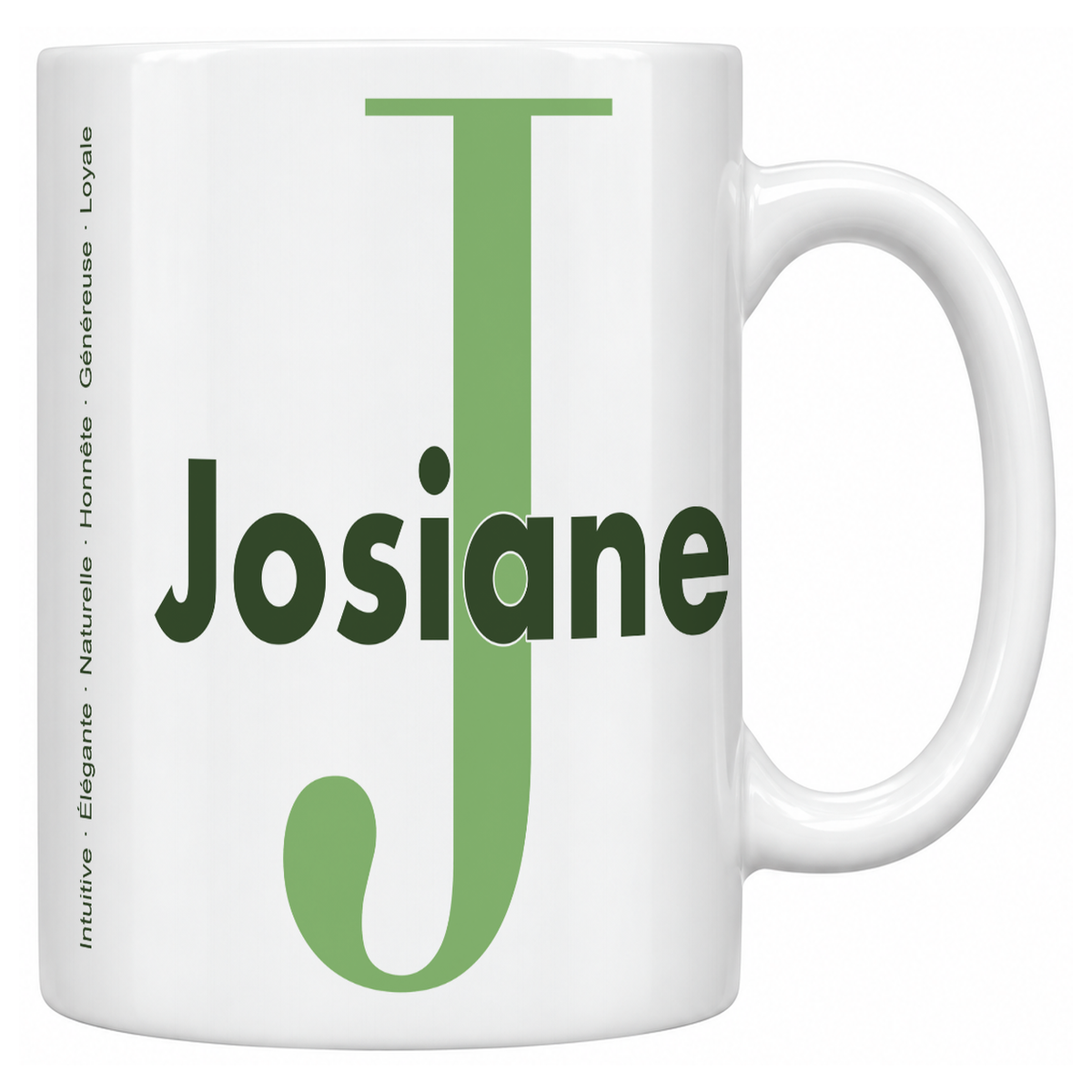 Mug blanc céramique 330 ml prénom Josiane : grande initiale J, prénom Josiane en lettres bold et six qualités verticales sur le côté