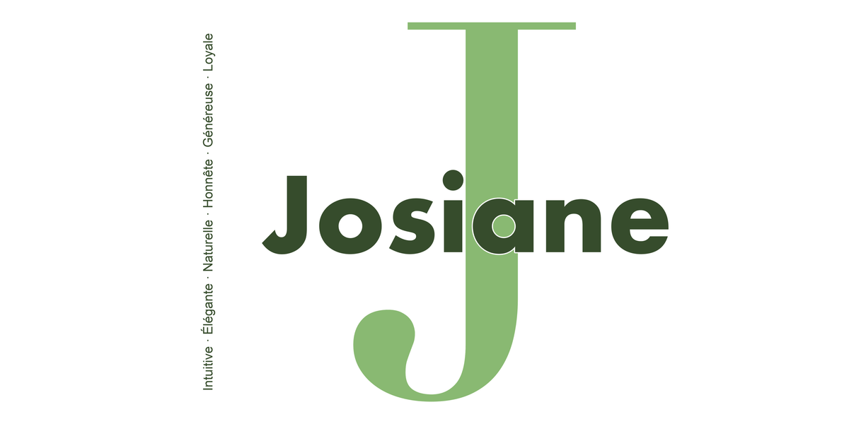 Visuel à plat du mug prénom Josiane : initiale J pleine hauteur, prénom Josiane centré et ligne verticale « Intuitive · Élégante · Naturelle · Honnête · Généreuse · Loyale »