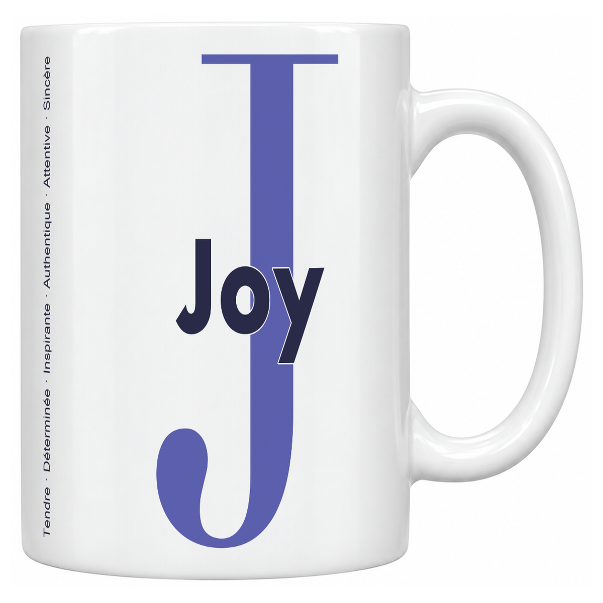 Mug blanc céramique 330 ml prénom Joy : grande initiale J, prénom Joy en lettres bold et six qualités verticales sur le côté