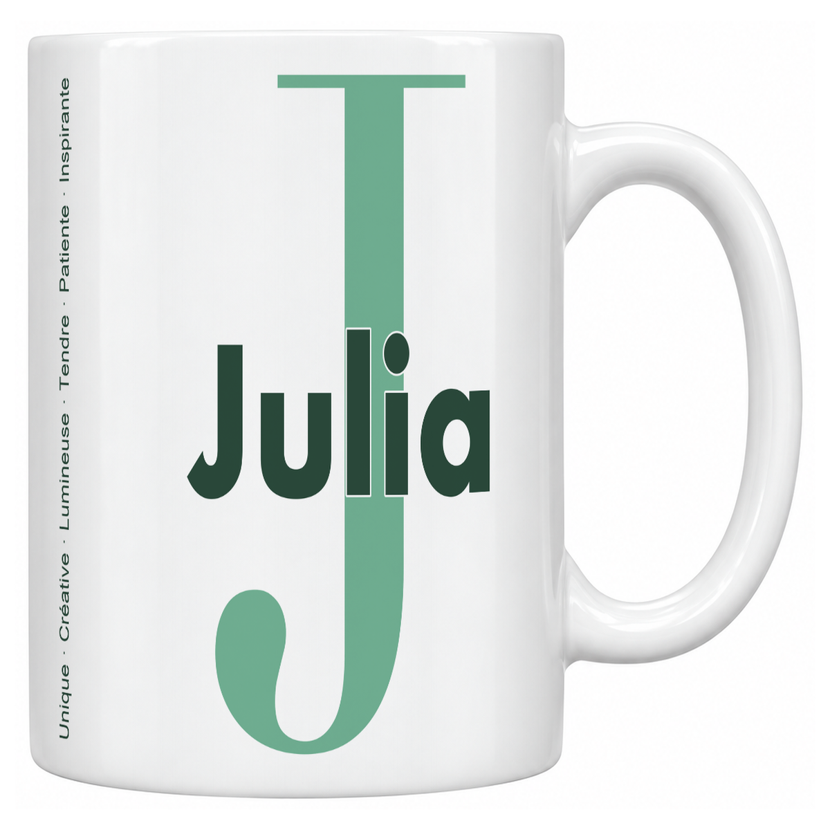 Mug blanc céramique 330 ml prénom Julia : grande initiale J, prénom Julia en lettres bold et six qualités verticales sur le côté