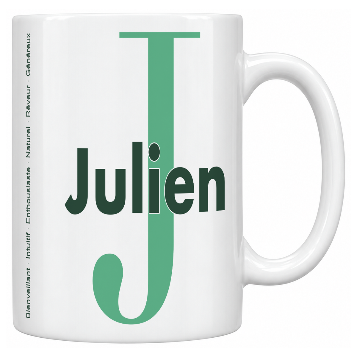 Mug blanc céramique 330 ml prénom Julien : grande initiale J, prénom Julien en lettres bold et six qualités verticales sur le côté