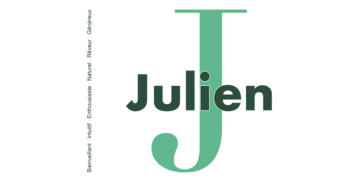 Visuel à plat du mug prénom Julien : initiale J pleine hauteur, prénom Julien centré et ligne verticale « Bienveillant · Intuitif · Enthousiaste · Naturel · Rêveur · Généreux »