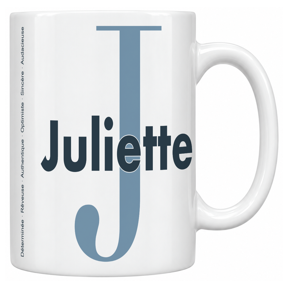 Mug blanc céramique 330 ml prénom Juliette : grande initiale J, prénom Juliette en lettres bold et six qualités verticales sur le côté