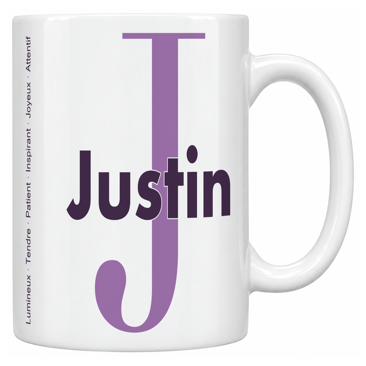 Mug blanc céramique 330 ml prénom Justin : grande initiale J, prénom Justin en lettres bold et six qualités verticales sur le côté