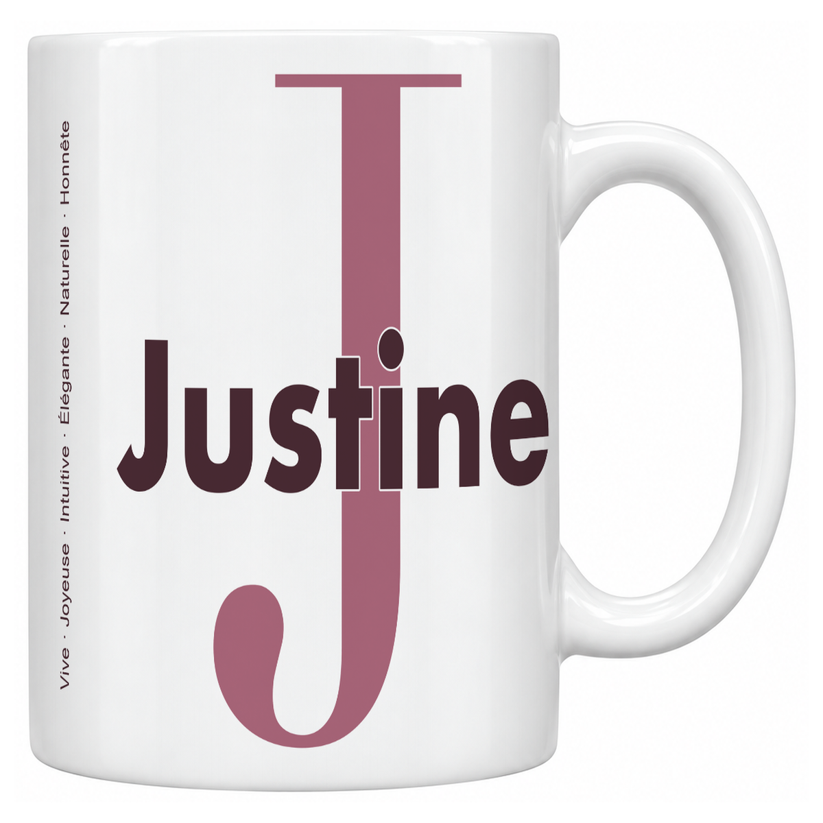 Mug blanc céramique 330 ml prénom Justine : grande initiale J, prénom Justine en lettres bold et six qualités verticales sur le côté