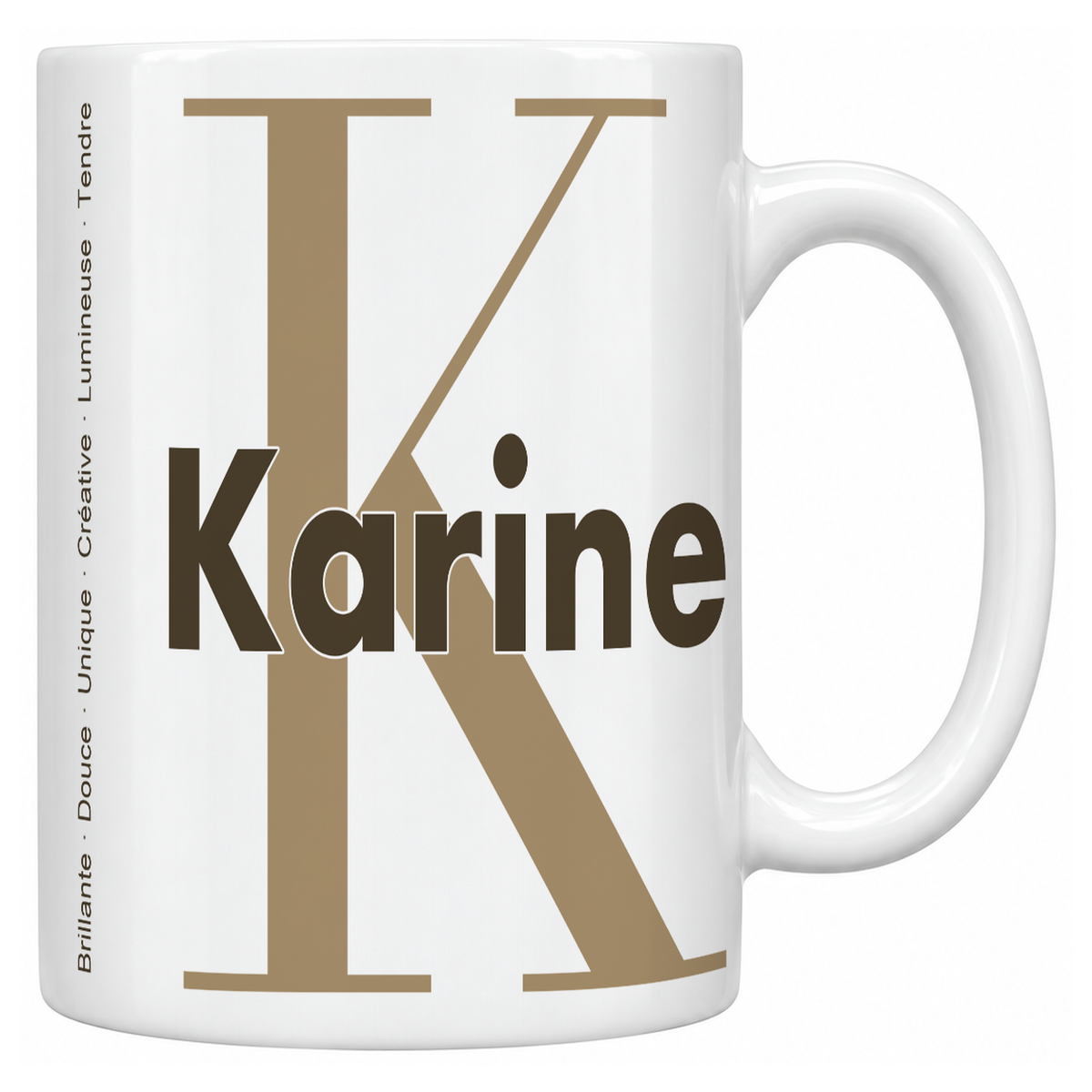 Mug blanc céramique 330 ml prénom Karine : grande initiale K, prénom Karine en lettres bold et six qualités verticales sur le côté