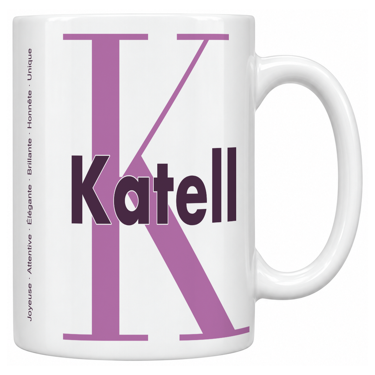 Mug blanc céramique 330 ml prénom Katell : grande initiale K, prénom Katell en lettres bold et six qualités verticales sur le côté