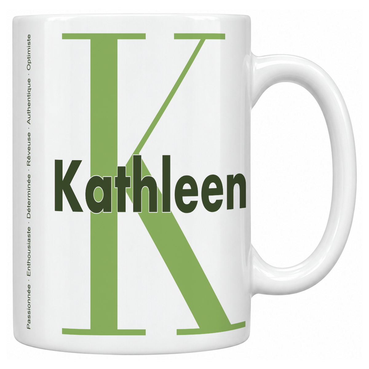 Mug blanc céramique 330 ml prénom Kathleen : grande initiale K, prénom Kathleen en lettres bold et six qualités verticales sur le côté
