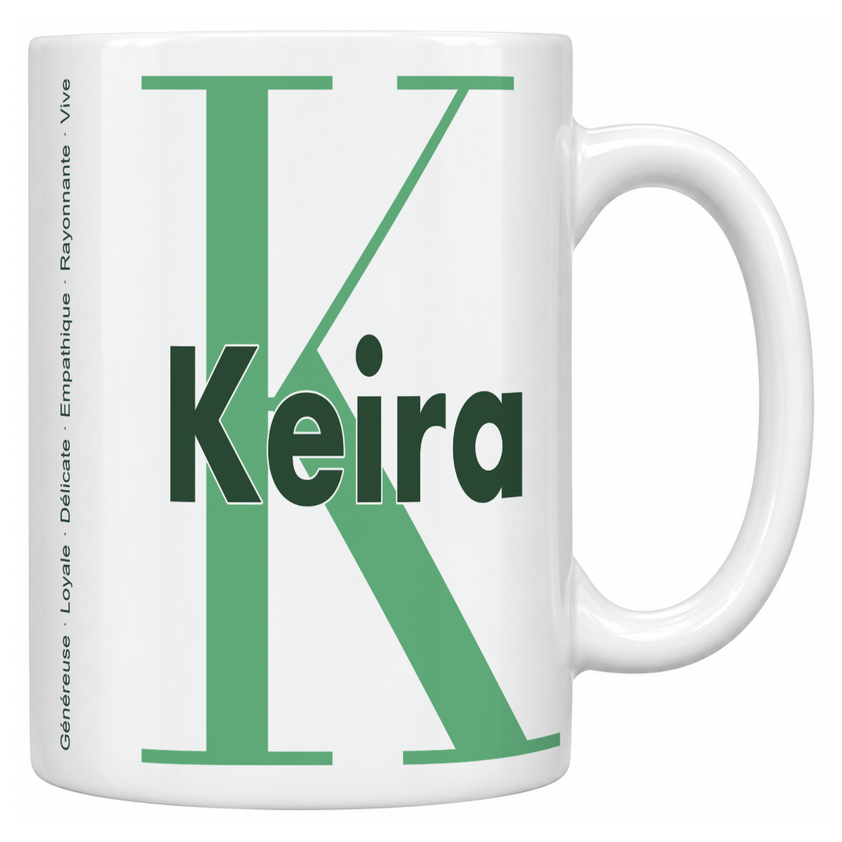 Mug blanc céramique 330 ml prénom Keira : grande initiale K, prénom Keira en lettres bold et six qualités verticales sur le côté