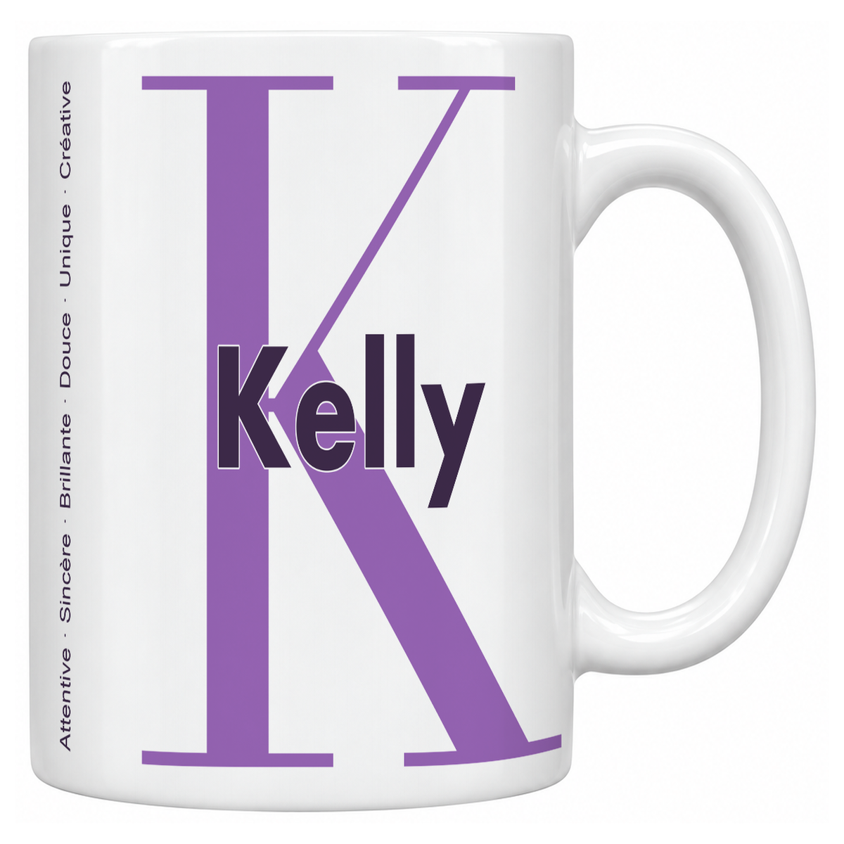Mug blanc céramique 330 ml prénom Kelly : grande initiale K, prénom Kelly en lettres bold et six qualités verticales sur le côté