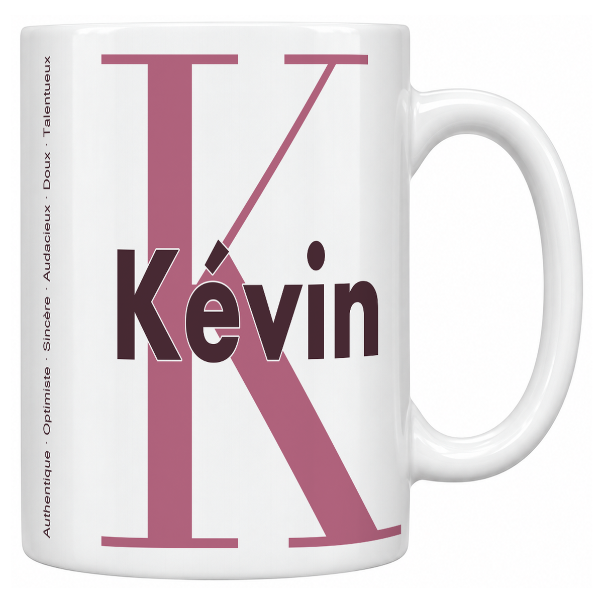 Mug blanc céramique 330 ml prénom Kévin : grande initiale K, prénom Kévin en lettres bold et six qualités verticales sur le côté