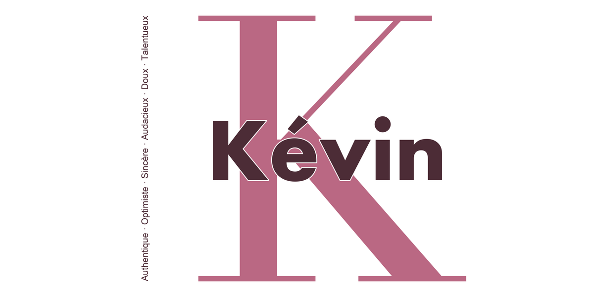 Visuel à plat du mug prénom Kévin : initiale K pleine hauteur, prénom Kévin centré et ligne verticale « Authentique · Optimiste · Sincère · Audacieux · Doux · Talentueux »
