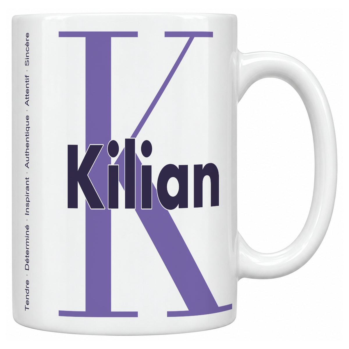 Mug blanc céramique 330 ml prénom Kilian : grande initiale K, prénom Kilian en lettres bold et six qualités verticales sur le côté