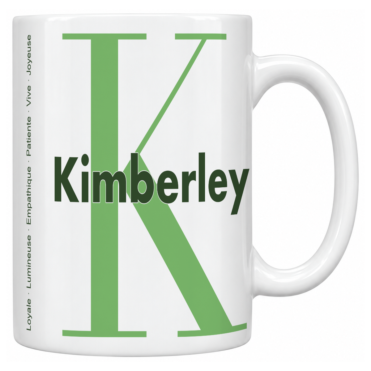 Mug blanc céramique 330 ml prénom Kimberley : grande initiale K, prénom Kimberley en lettres bold et six qualités verticales sur le côté