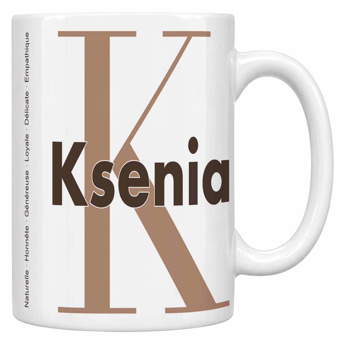 Mug blanc céramique 330 ml prénom Ksenia : grande initiale K, prénom Ksenia en lettres bold et six qualités verticales sur le côté