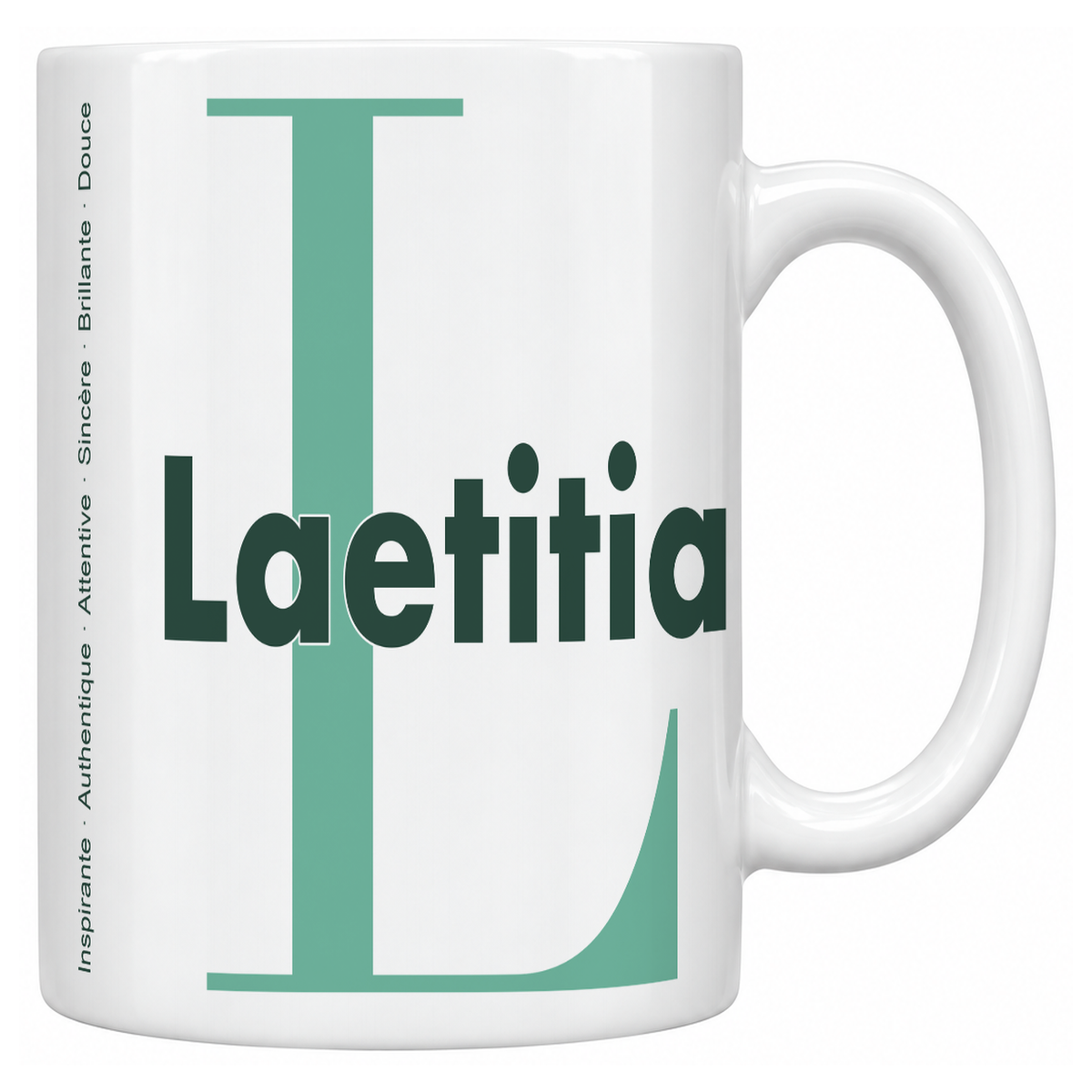 Mug blanc céramique 330 ml prénom Laetitia : grande initiale L, prénom Laetitia en lettres bold et six qualités verticales sur le côté