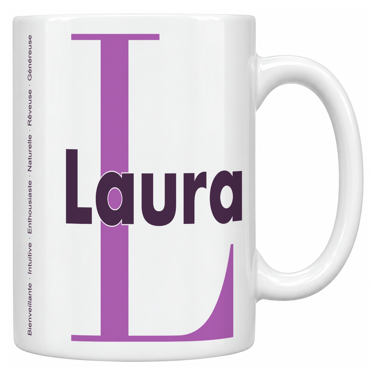 Mug blanc céramique 330 ml prénom Laura : grande initiale L, prénom Laura en lettres bold et six qualités verticales sur le côté