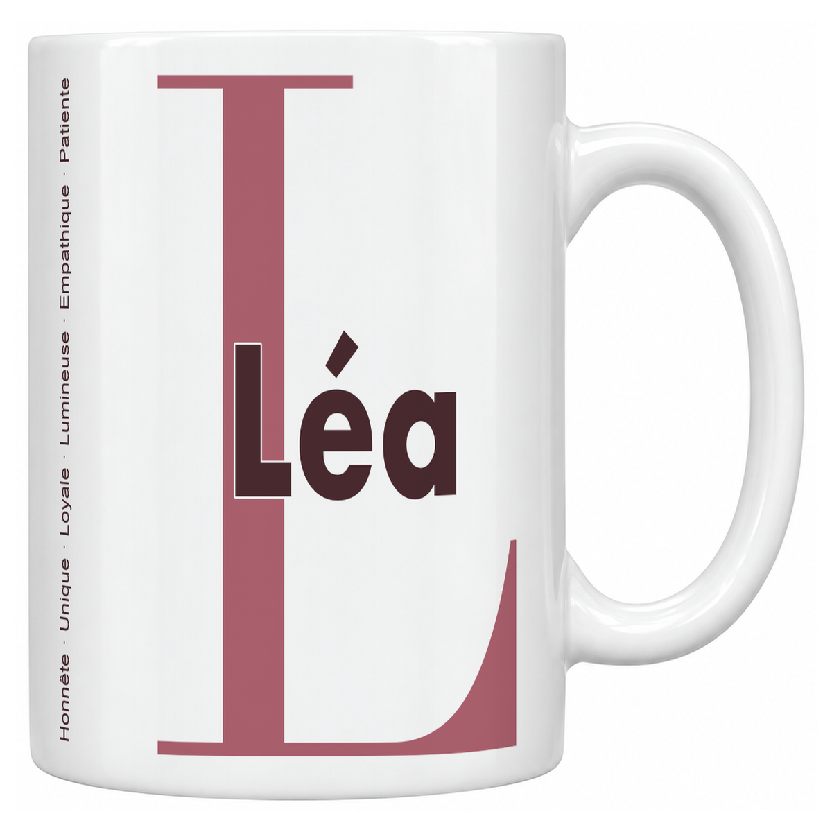 Mug blanc céramique 330 ml prénom Léa : grande initiale L, prénom Léa en lettres bold et six qualités verticales sur le côté