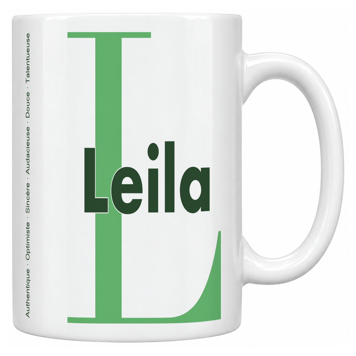 Mug blanc céramique 330 ml prénom Leila : grande initiale L, prénom Leila en lettres bold et six qualités verticales sur le côté