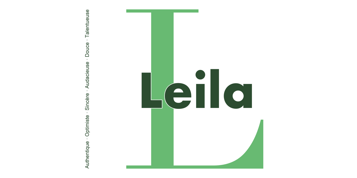Visuel à plat du mug prénom Leila : initiale L pleine hauteur, prénom Leila centré et ligne verticale « Authentique · Optimiste · Sincère · Audacieuse · Douce · Talentueuse »
