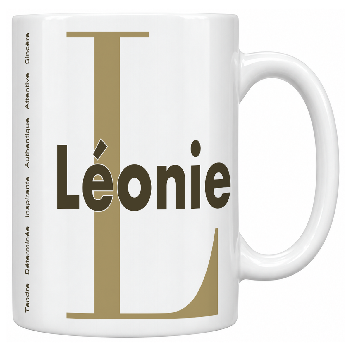 Mug blanc céramique 330 ml prénom Léonie : grande initiale L, prénom Léonie en lettres bold et six qualités verticales sur le côté