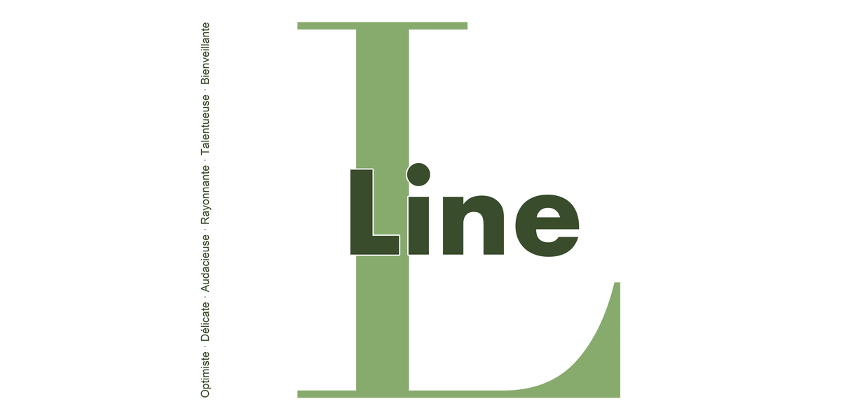 Visuel à plat du mug prénom Line : initiale L pleine hauteur, prénom Line centré et ligne verticale « Optimiste · Délicate · Audacieuse · Rayonnante · Talentueuse · Bienveillante »