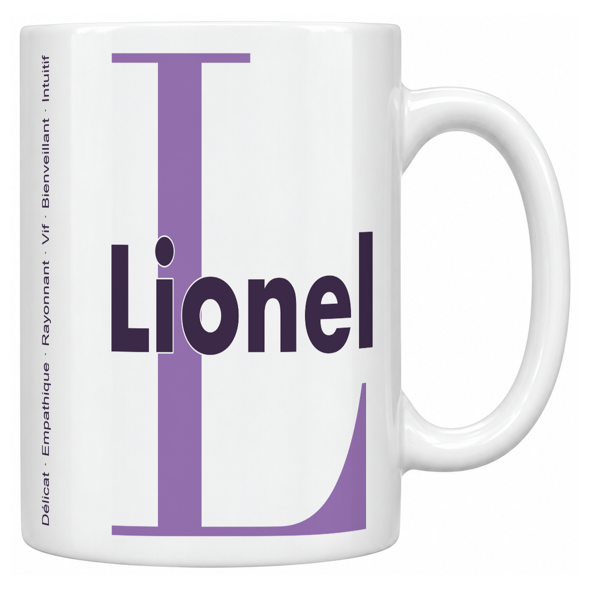 Mug blanc céramique 330 ml prénom Lionel : grande initiale L, prénom Lionel en lettres bold et six qualités verticales sur le côté