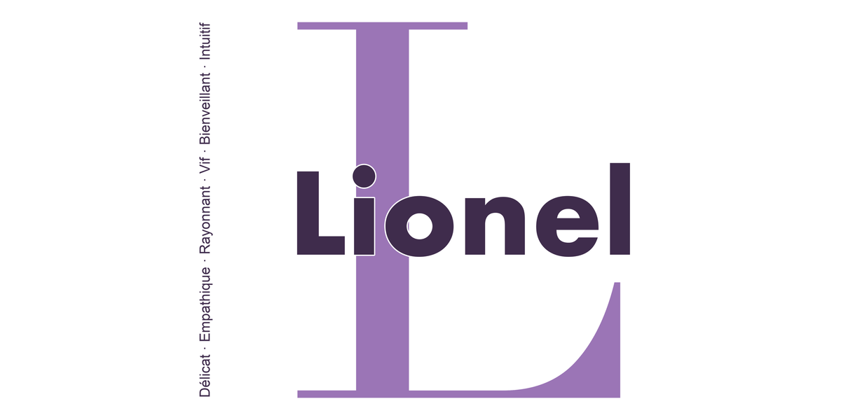 Visuel à plat du mug prénom Lionel : initiale L pleine hauteur, prénom Lionel centré et ligne verticale « Délicat · Empathique · Rayonnant · Vif · Bienveillant · Intuitif »